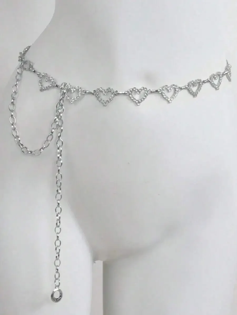 1pc Fashionable Simple Heart Shaped Rhinestone Decorated Alloy Waist Chain For Women Dress, Back-To-School Season