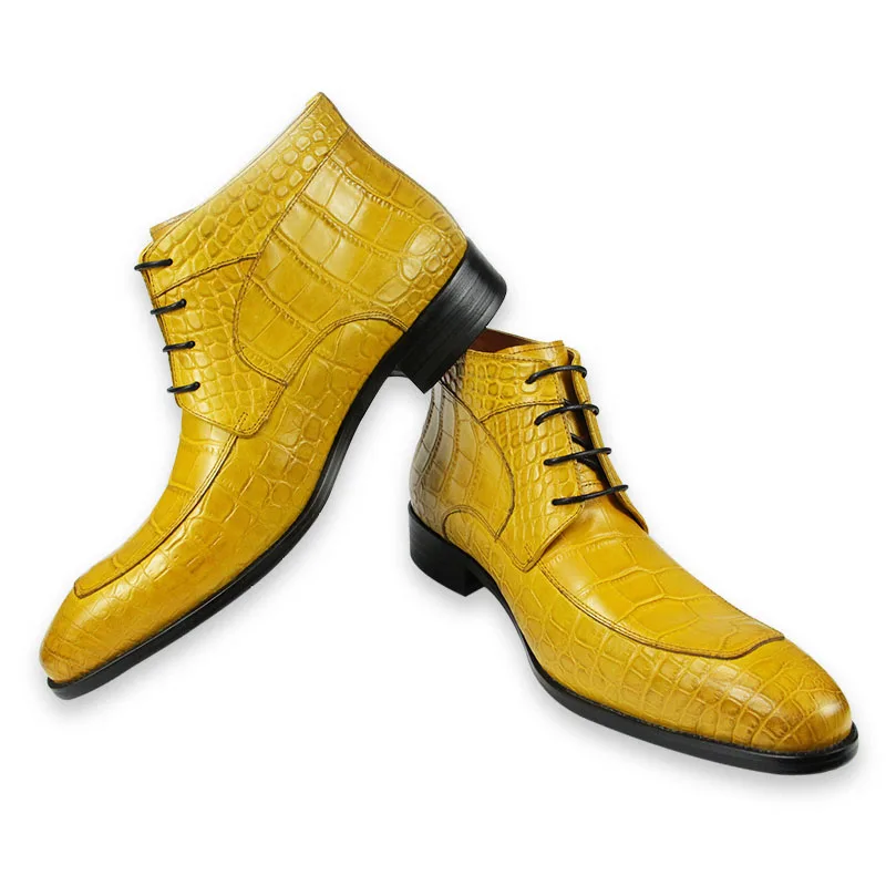 Genuine cow leather with crocodile skin printing lace up shoes Style Solid Boots Sneakers Men\'s Black yellow oversize Big Size48