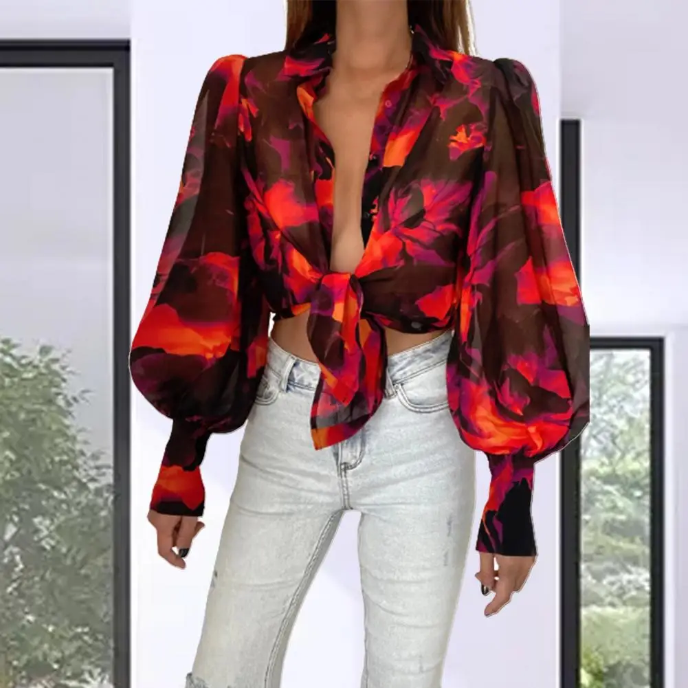 Lantern Sleeve Floral Print Vintage Shirt Turn-Down Collar Single Breasted Wide Cuffs Women Shirt Ladies Clothing Tops Blouses