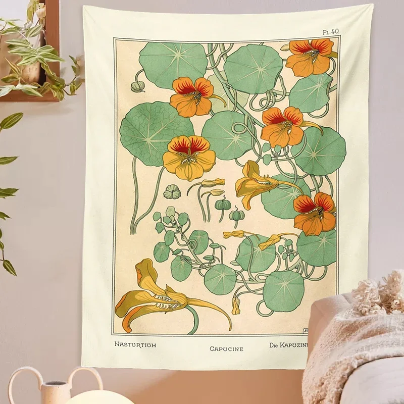 Vintage Botanical Tapestry Wildflower Wall Hanging Nasturtium Thistle Retro flowers Bohemian Tapestries Psychedelic Home Decor