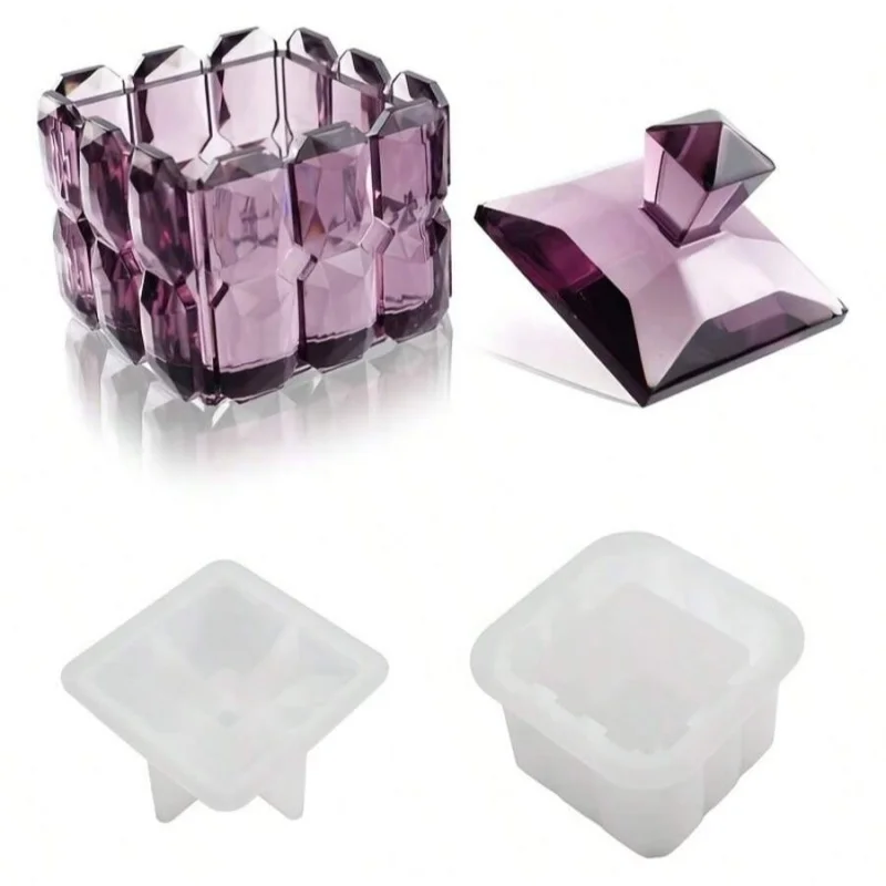 

DIY Square Grid Storage Box with Lid Jar Decoration Mirror Gypsum Resin Silicone Mold Process Casting