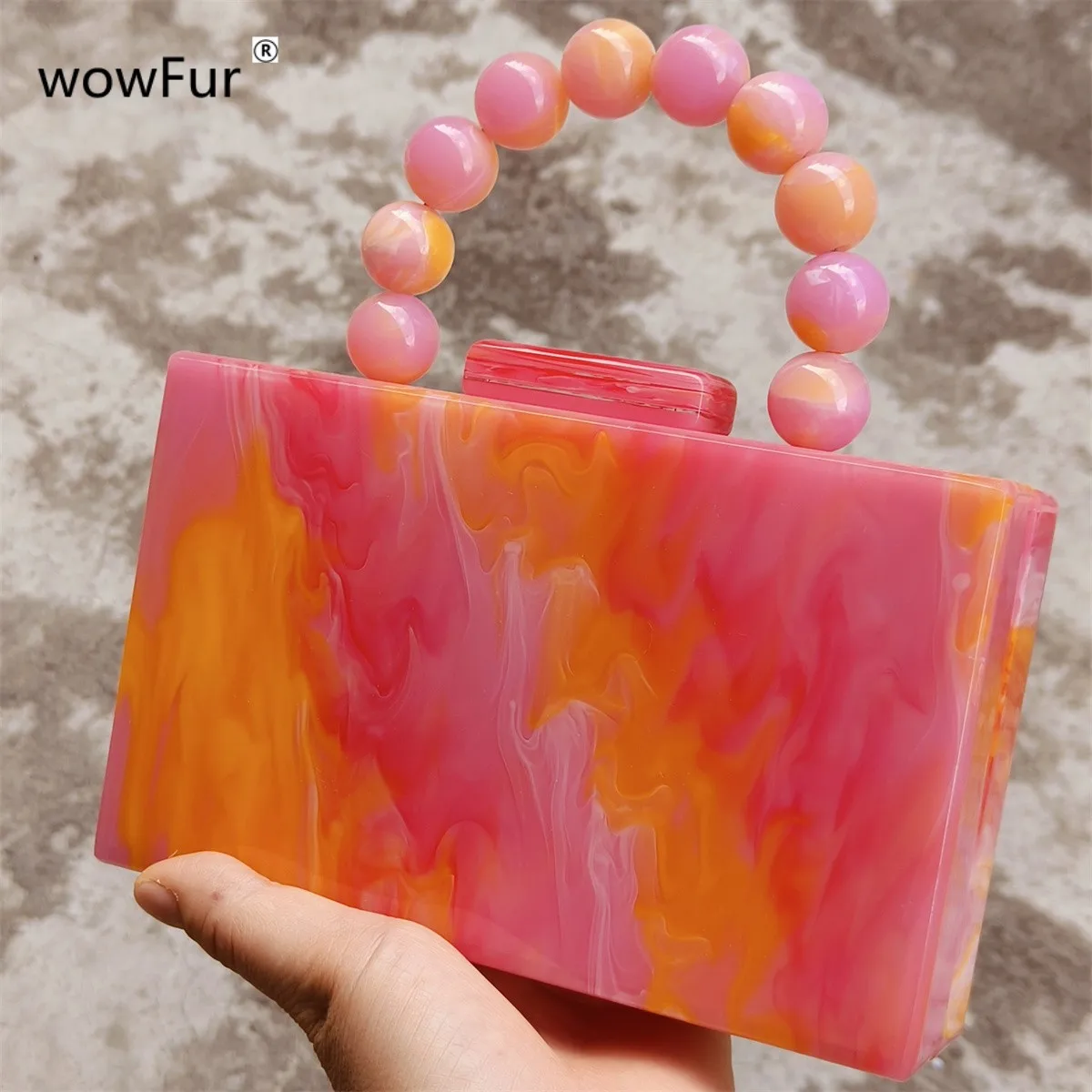 Marble Colorful Bright Orange Acrylic Box Clutches Women Shoulder Chain Messenger Beaded Tote Bag Wedding Evening Flap Handbags