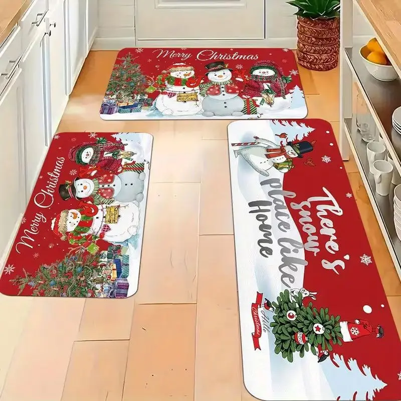 VIKAMA Christmas Santa Kitchen Rug Buffalo Plaid Snowflake Non Slip Washable Floor Mat for Hallway Entrance Home Decoration
