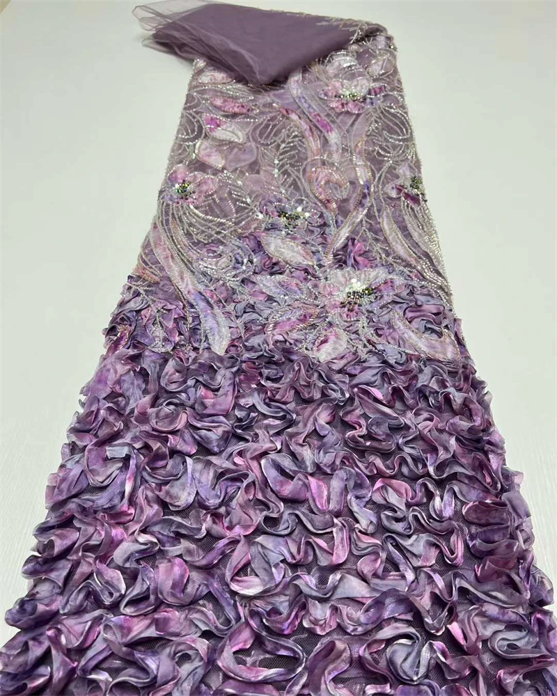 Fashion French Mesh Lace Fabric with 3D Flowers Embroidery Beads And Sequins for Wedding Dresses African Nigerian Style