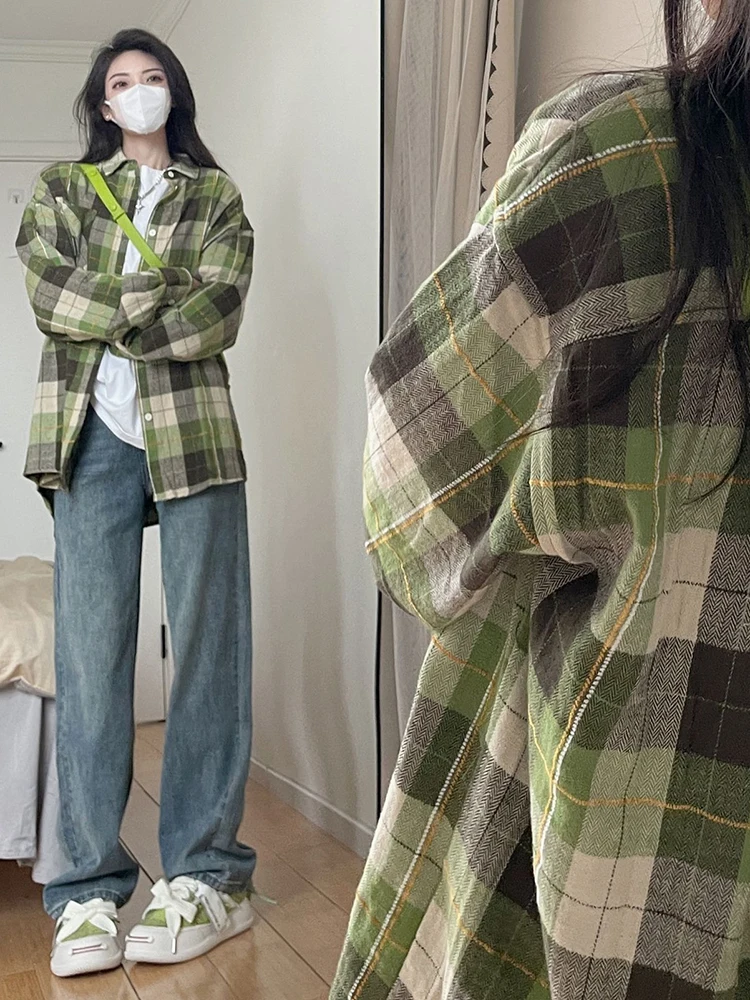 

Ретро een клетчатый свободный длинный све женская осенняя верхняя одежда irt повседневный удобный женский топ на пуговицах