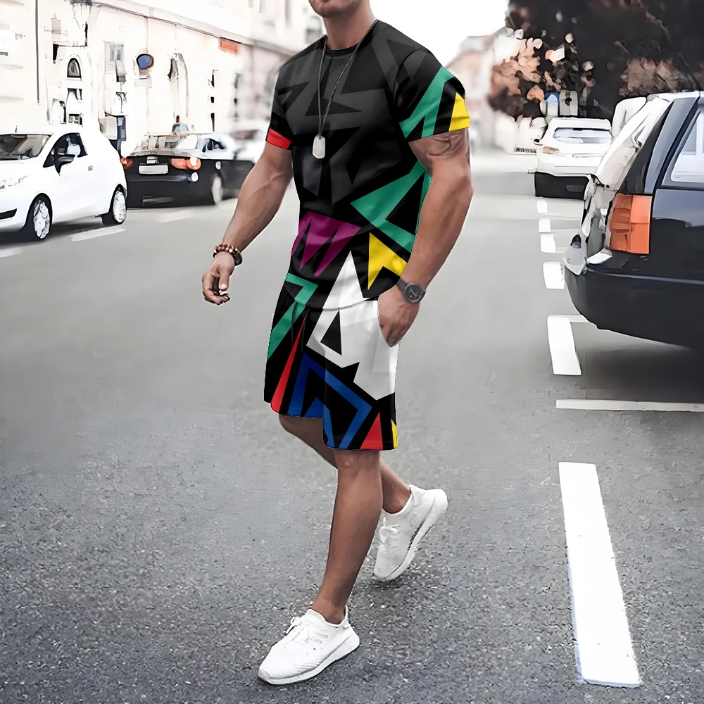 

Irregular Geometric Print Short Sleeve And Shorts Set Fashion Men's T-shirt Shorts 2-piece Set Quick-dry Breathable Mesh T Shirt