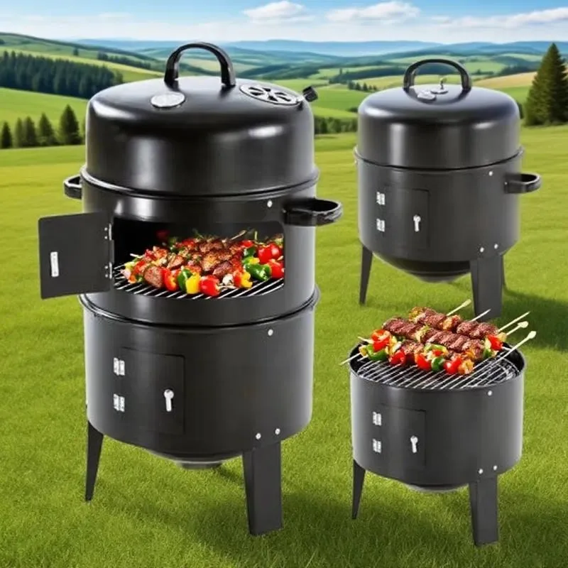 1-6-Inch Outdoor Portable Steel Charcoal Smoker Grill 3-in-1 Vertical Grill with Built-in Thermometer
