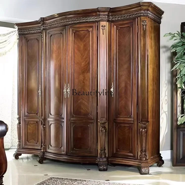 

American solid wood carving flower wardrobe bedroom four doors vintage cloakroom cabinet