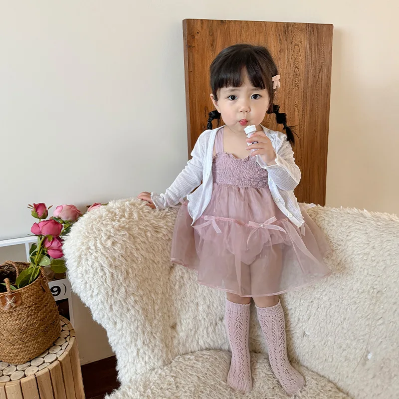Protetor solar infantil vestido de princesa, Roupa de bebê, Verão, Novo, Coreano, Rosa, Arcos simples, Fio de malha, Roupa feminina, 2024