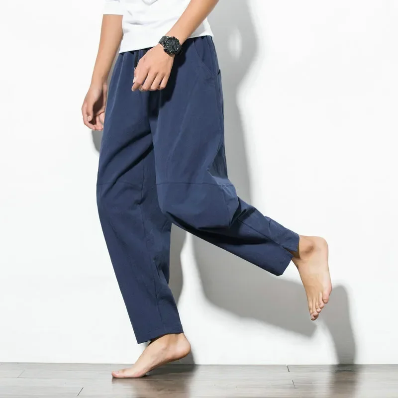 Summer Vintage Blue Men Casual Harem Pants Drawstring Loose Plus Size 4xl 5xl Long Wide Leg Pants Sports Beachwear Trousers Male