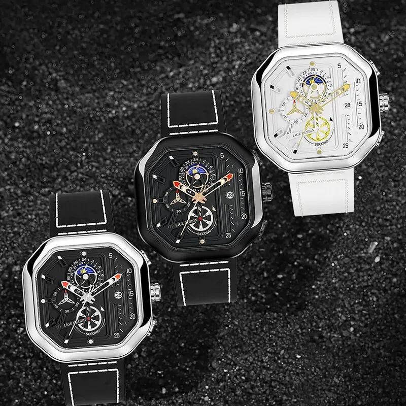 LIGE Fashion Square Dial Leather Mens Watches Luxury Sport Waterproof Watch Man Chronograph Quartz WristWatches Montre Homme