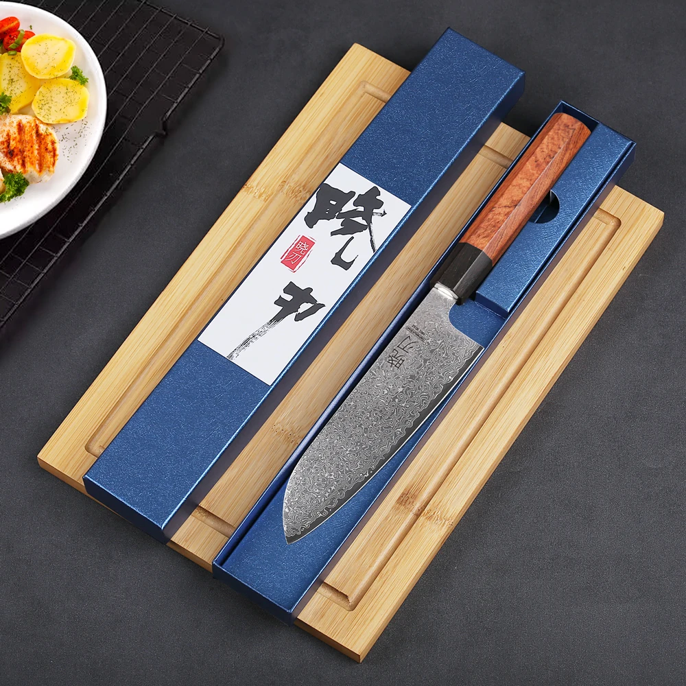 日本のダマスカス鋼三徳ナイフ、プロのシェフナイフ、キッチン肉スライス野菜包丁、手作り調理器具、7インチ
