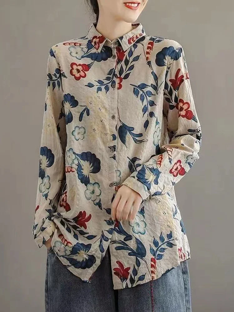 

Retro Floral Print Linen Long Sve irt Loose Casual Cotton Linen Women's Faion Korean Japanese Sle Button up irt