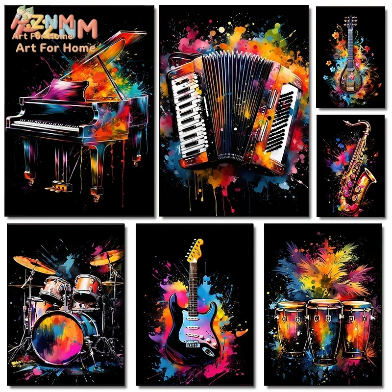 AZNM Colorful Splash Musical Instrument Canvas Wall Art, Piano Guitar Saxophone Drum Music Print Poster, Frameless Canvas Painti