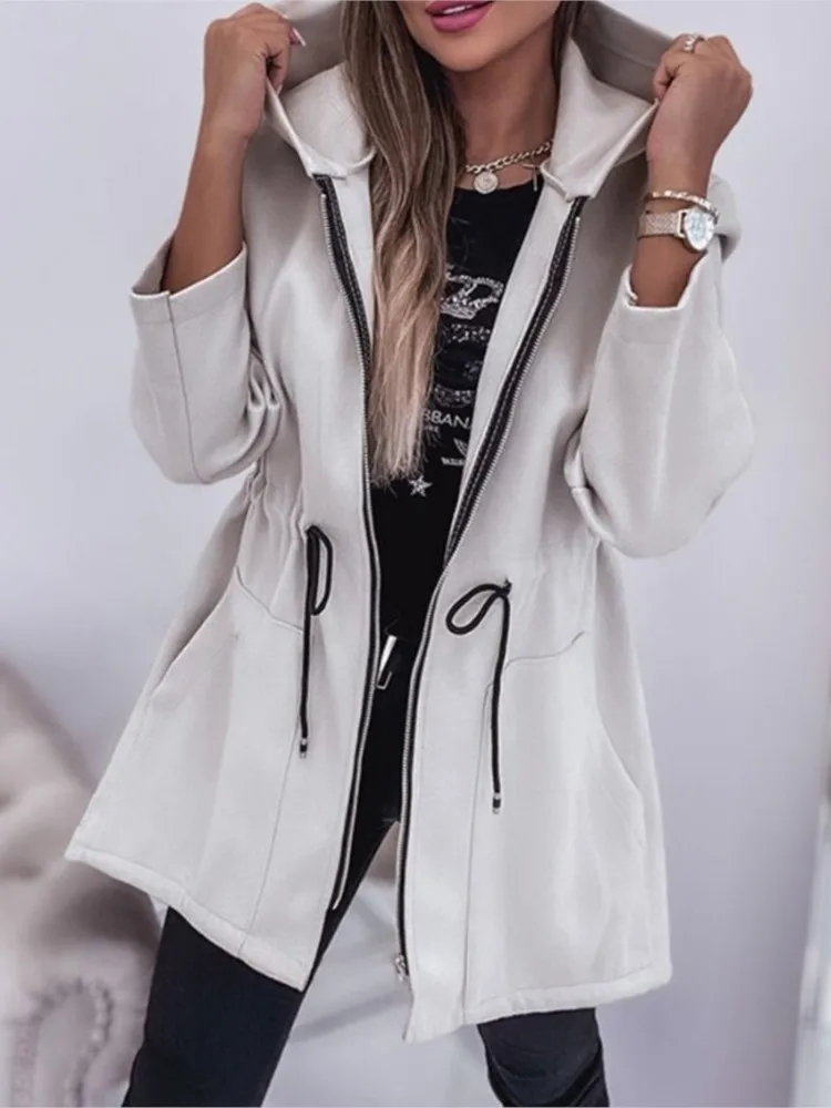 Women Casual Solid Hooded Zipper Jacket Coats Autumn Winter Full Sleeved Thick Jackets Tight Waist Spliced Length Pockets Coat