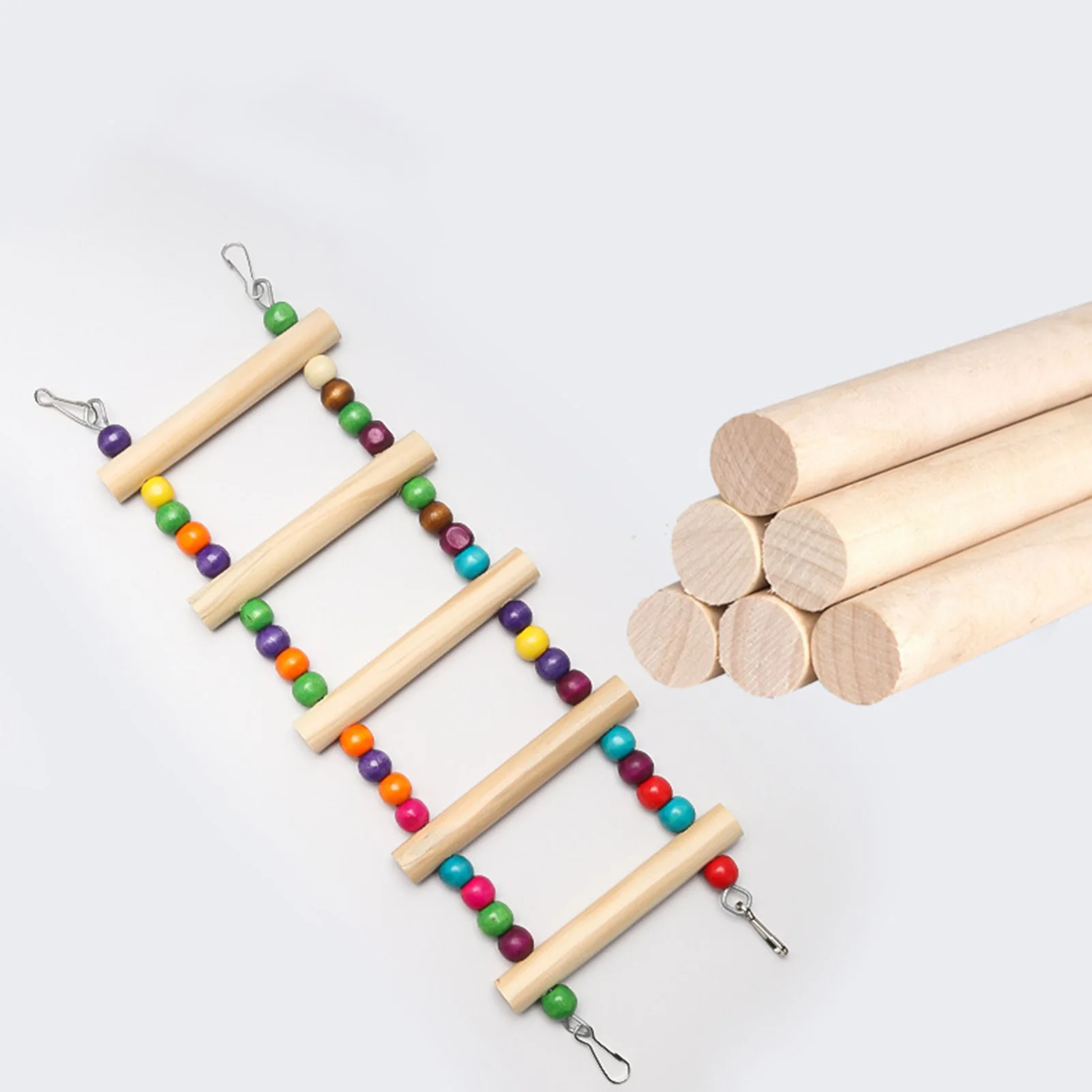 Bird Ladder Bridge with Colorful Beads Hanging Swing Toy Natural Wood Ladder Parrots Trainning Climbing Toy Cage Accessories