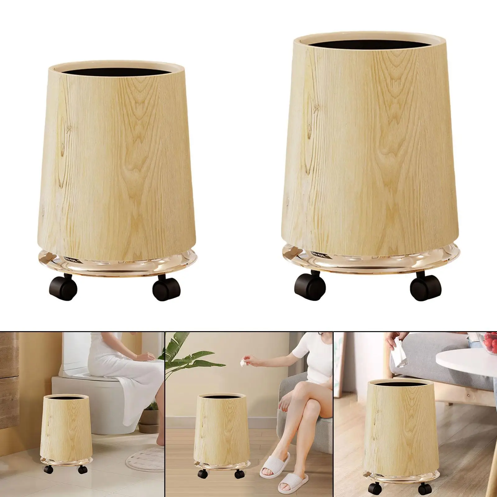 

Trash Can Wastebasket with Wheels Household Trash Container Rubbish Bucket for Laundry Room Toilet Kitchen Study Entryway