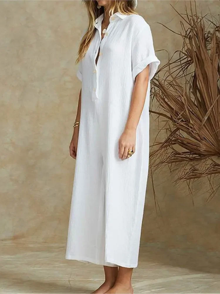 ฤดูร้อน Casual Workwear Jumpsuit เสื้อ Collart กางเกงผู้หญิงฤดูใบไม้ผลิแฟชั่น Elegant Office LADIES หลวม Jumpsuits
