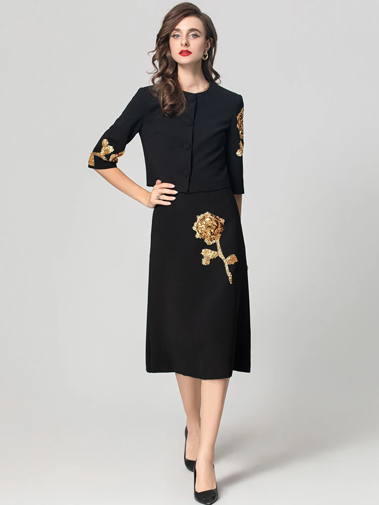 Seasixiang Beading Appliques Suit Women O-Neck Single Breasted Jacket + Skirt Office Lady Two Piece Set Autumn Female New