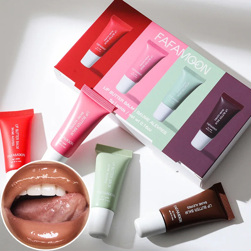 วันหยุดฤดูร้อน 4pcs Lip Butter Balm Set,เครื่องปรับอากาศ Lipgloss,Instant Moisturizing Lip Plumper,ริมฝีปาก Soothing Hydrating Care น้ํามัน