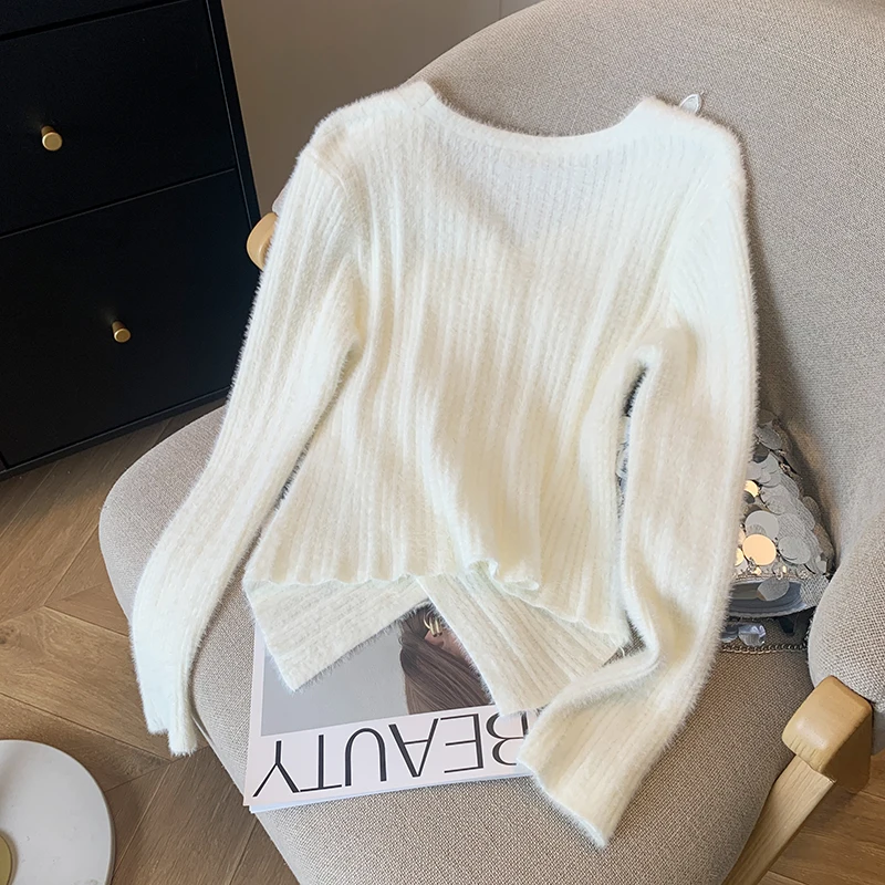 Fashion Slim V-Neck Knitted Sweater For Women Autumn Winter Butterfly Solid Long Sleeved Pullover 2024 New Irregular Short Tops