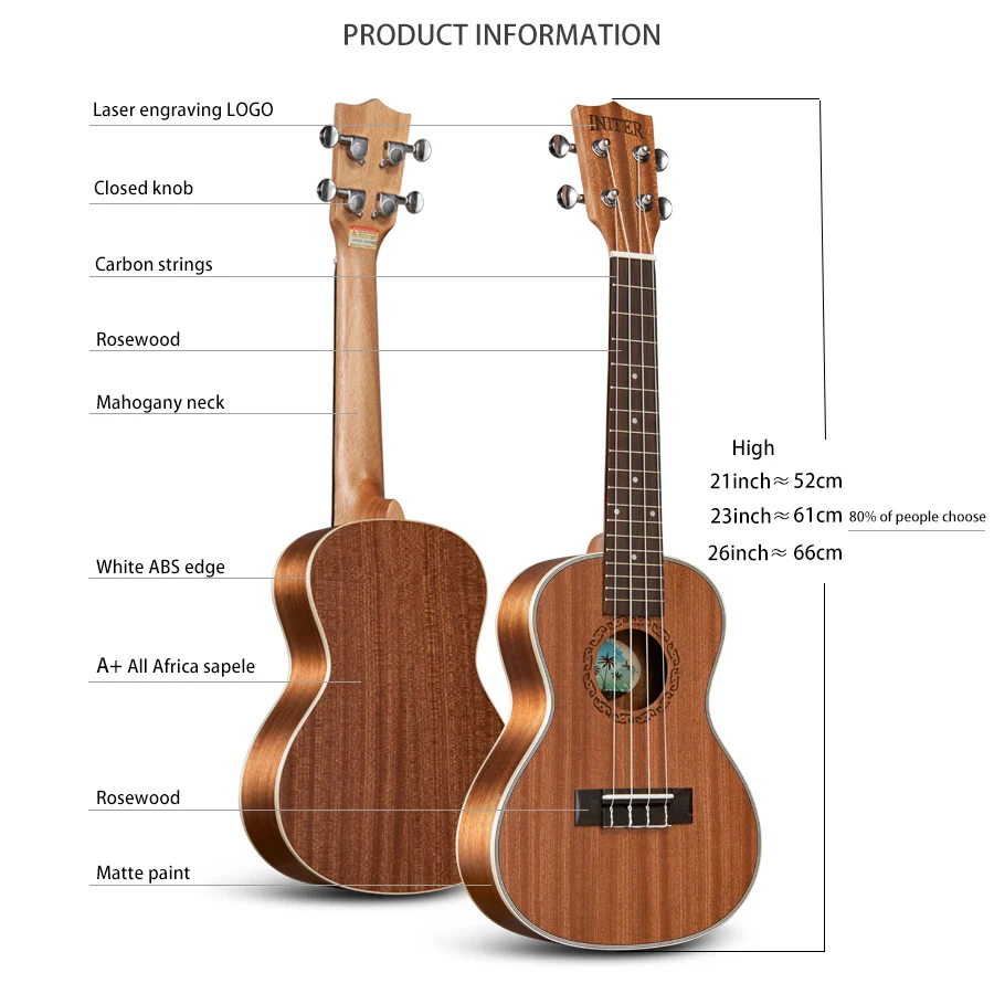 INITER High Quality 21/23/26 inch sapele ukulele concert ukelele guitar Suitable for beginner IUC-100