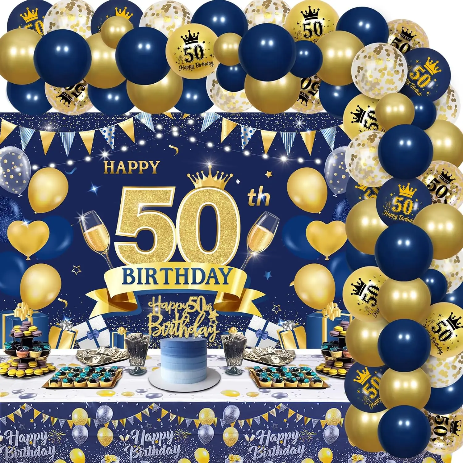 

50th Birthday Decor Balloon Arch Kit with Happy 50th Birthday Backdrop Tablecloth 50th Happy Birthday Cake Topper for Men Women