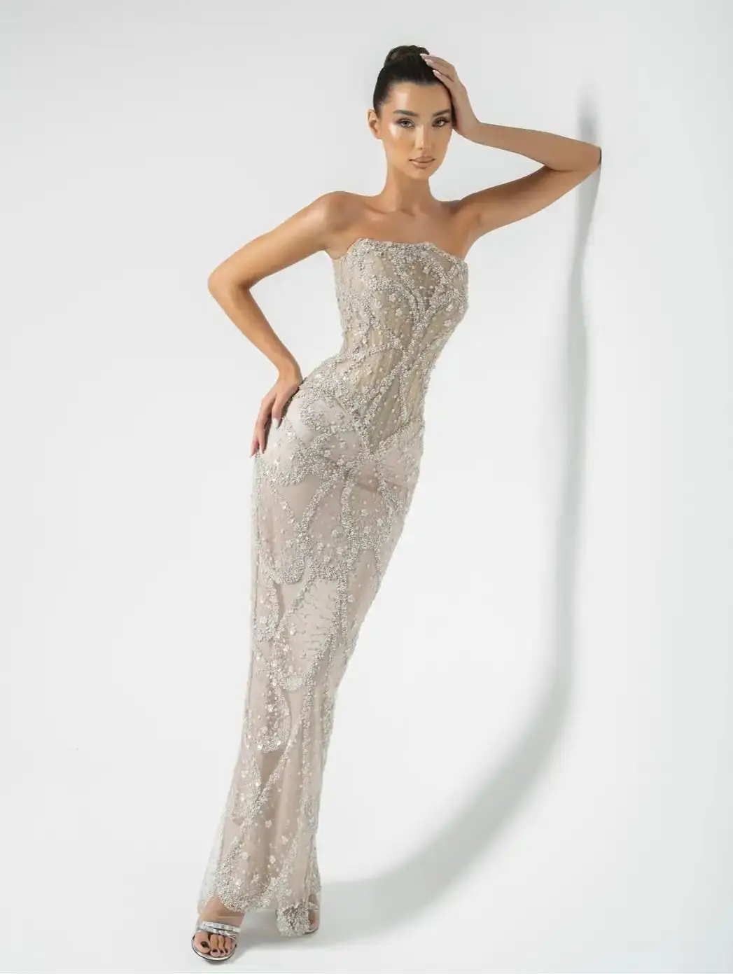 

Ofherown Strapless Fully Beaded Sequins Corset Evening Dress Champagne Mermaid Bodycon Prom Gowns Red Carpet Prom Party Dresses