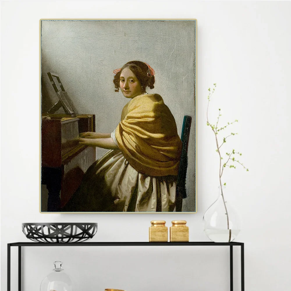 A Young Woman Seated at the Virginals by Johannes Vermeer Canvas Oil Painting Artwork Poster Picture Wall Decor Home Decoration