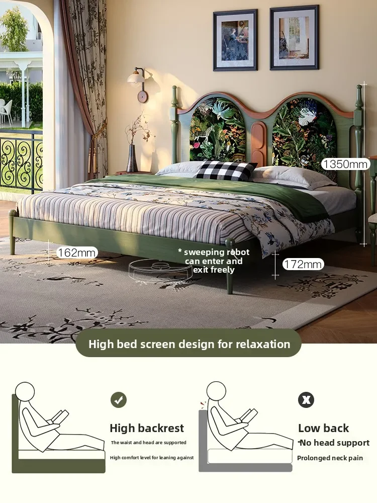 French retro solid wood bed 1.8 meters double bed medium ancient ash wood fabric printing soft bag retro master bed