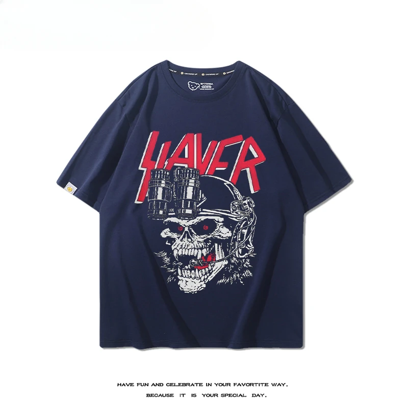 Slayer Killer Band Surrounding Short Sleeve T-shirts for Men and Women Summer American Street Retro Loose Cotton Half Sleeves