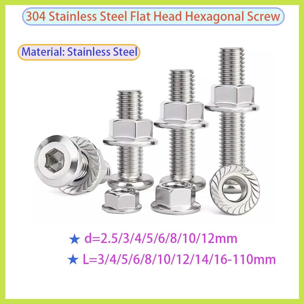 

304 Stainless Steel Large Flat Hexagonal Cylindrical Head Screw and Nut Kit