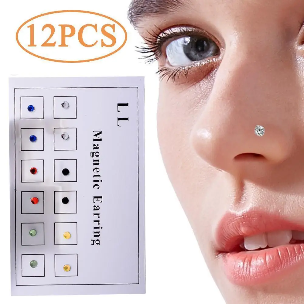 2025 12Pcs Non Perforated Nose Nail Non Perforated Diamond Studded Magnetic Suction Lip Studs Small Ear Studs Magnet Nose Nails