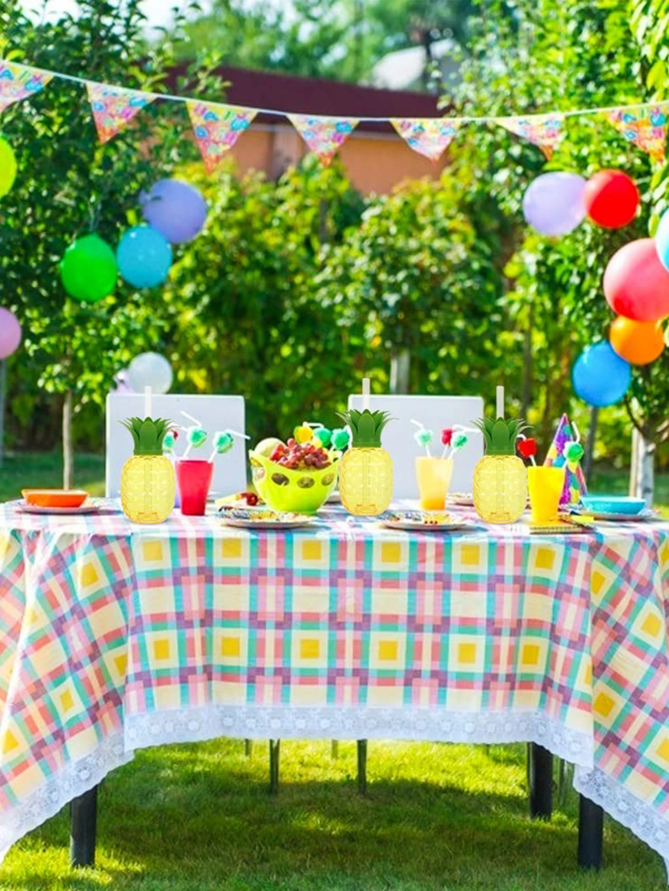 أكواب الأناناس مع القش، أكواب الأناناس البلاستيكية مع أغطية إغلاق أكواب حفلات هاواي Luau Tiki وديكورات حفلات الشاطئ #6