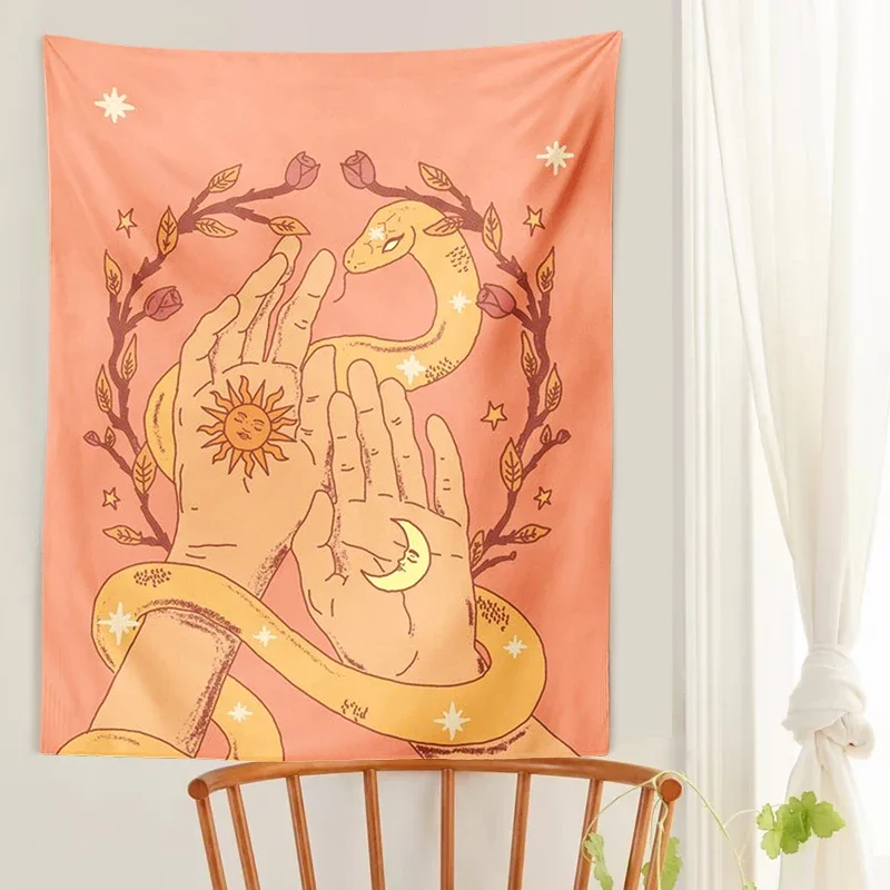 

Tarot sun moonTapestry magic hand snake Wall Hanging Retro Sun Moon Snake Boho Decor Minimalist Print Divination Art Wall Decor
