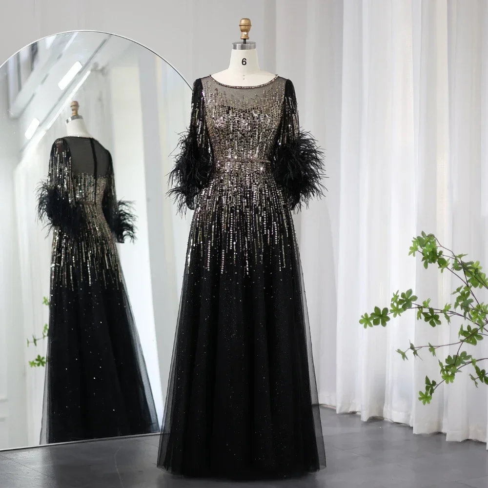 Luxury Feathers Evening Dresses O-Neck Half Sleeves Beads Sequined A-Line Gowns Fashion Floor Length Prom Party Dresses 2024