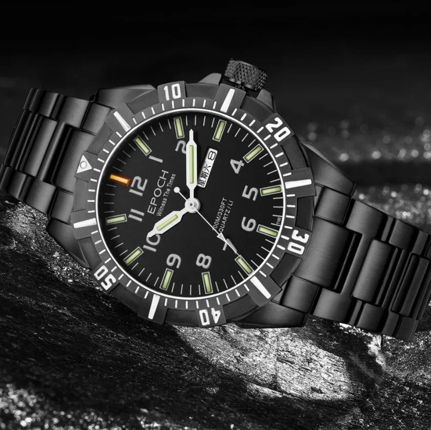 EPOCH Men Military Watch 43mm Sport Quartz Wristwatch Luminous Tubes 10ATM Waterproof Sapphire Mirror Dual Calendar Week Date