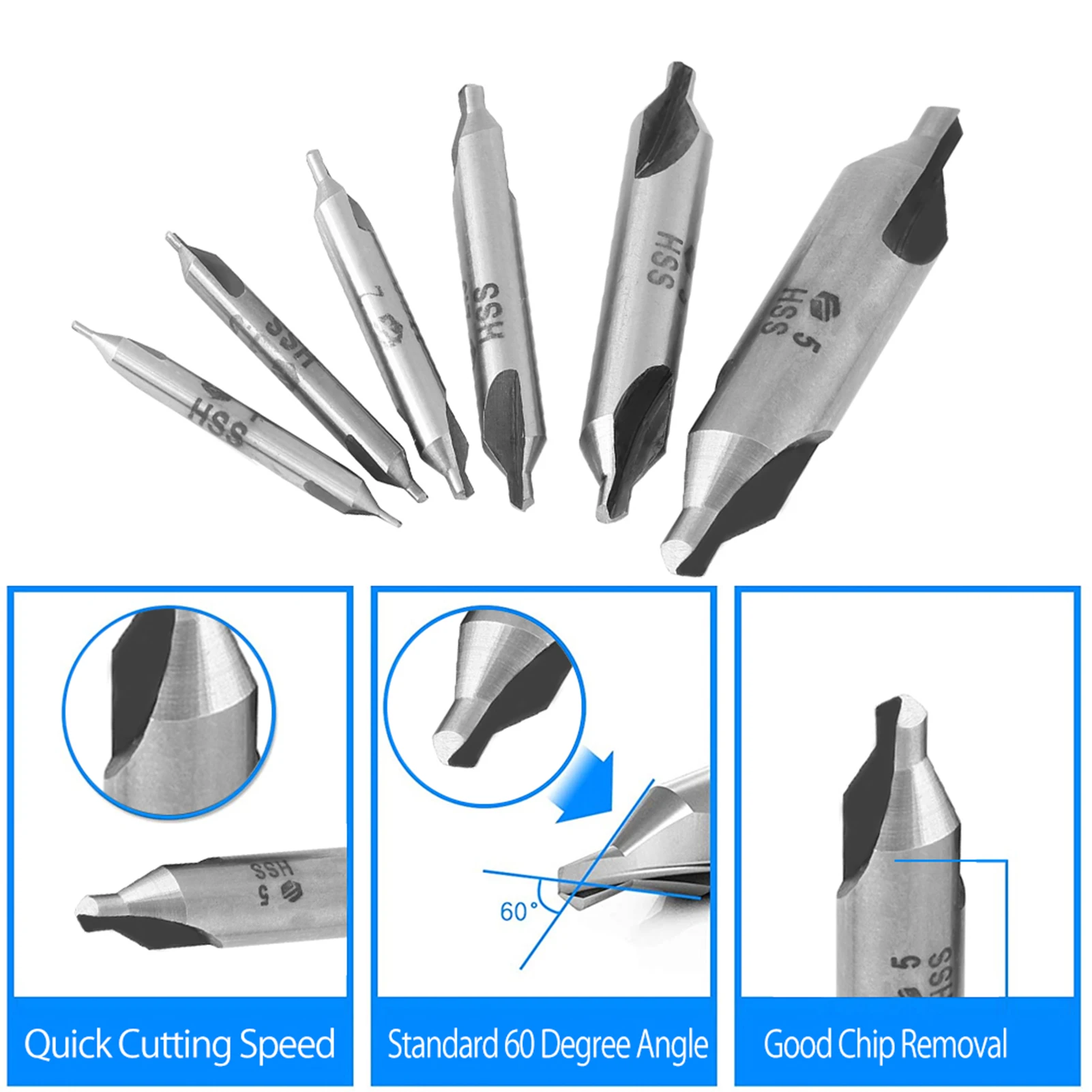 6pcs 1/1.5/2/2.5/3/5mm 60 Degree HSS Center Drill Bits Centering Drills Set