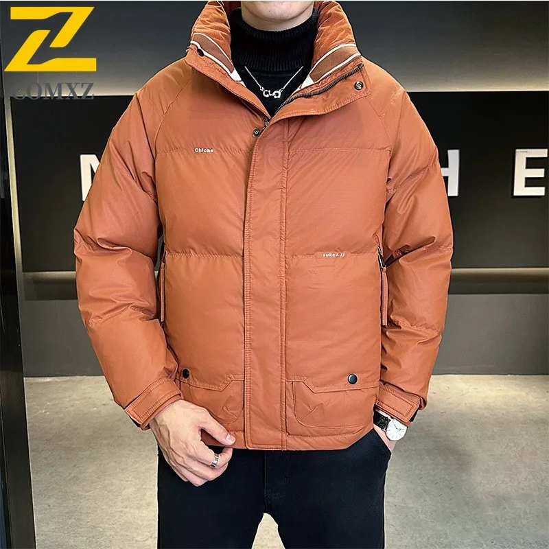 COMXZ 2025 Winter Couple Solid Color Stand Collar Down Jacket Men Women Thickened Warm Trendy White Duck Feather Parka Coat