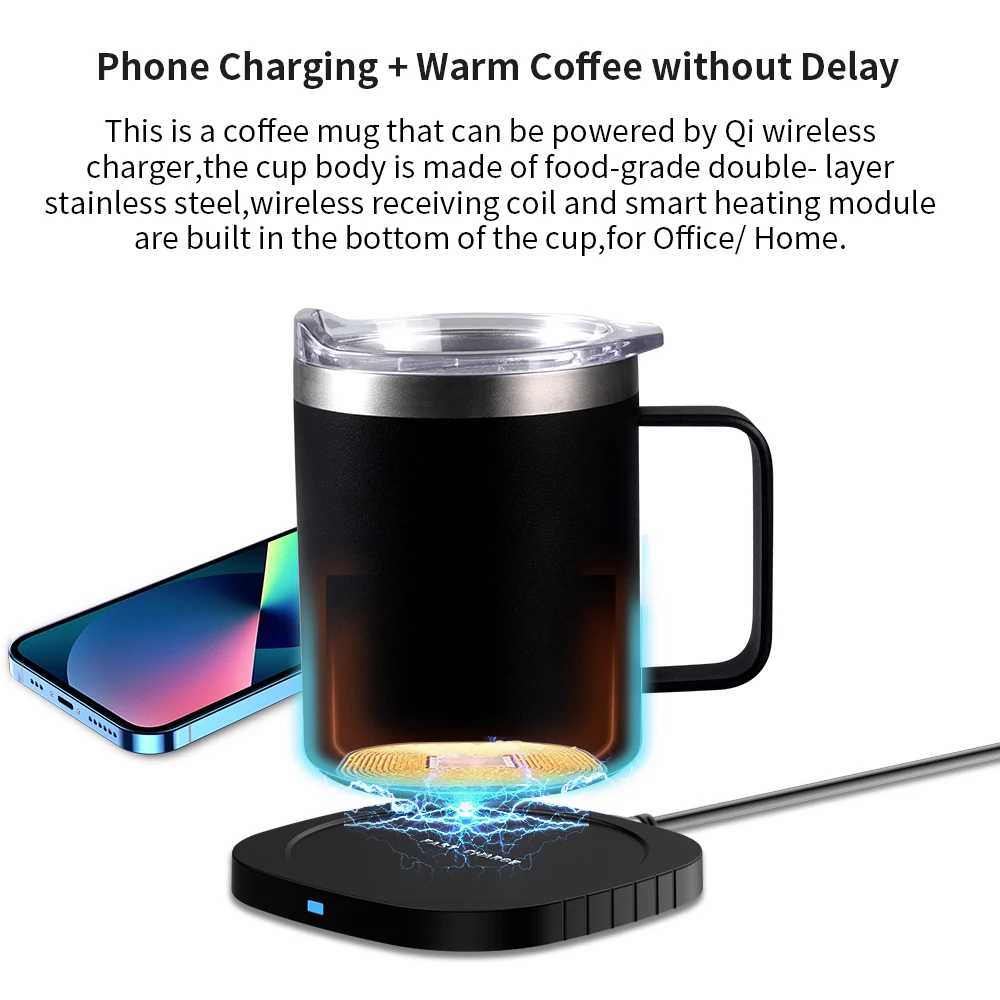 2 IN 1 Coffee Mug Warmer and Wireless Charger with Cup and Lid 55℃/131℉ Intelligent Constant Temperature 10.5oz