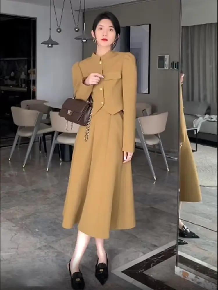 

Vintage Korean High Collar Square Shoulder Puff Sleeve Blazer and High-Waisted Slimming Skirt Two-Piece Set for Women Fashion