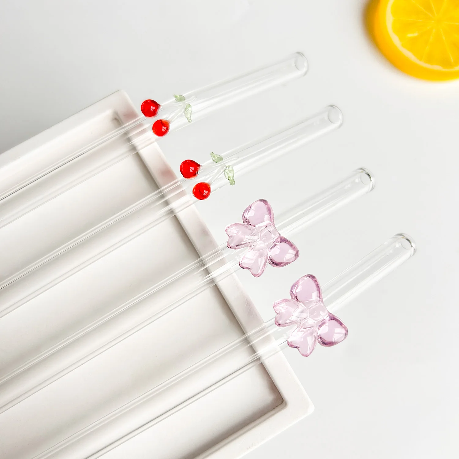 Cute Cartoon Glass Straw, Reusable Bendy Design, Cherry/bow Shape, Perfect for Smoothies, Milk Tea, Juice, Parties, Gifts