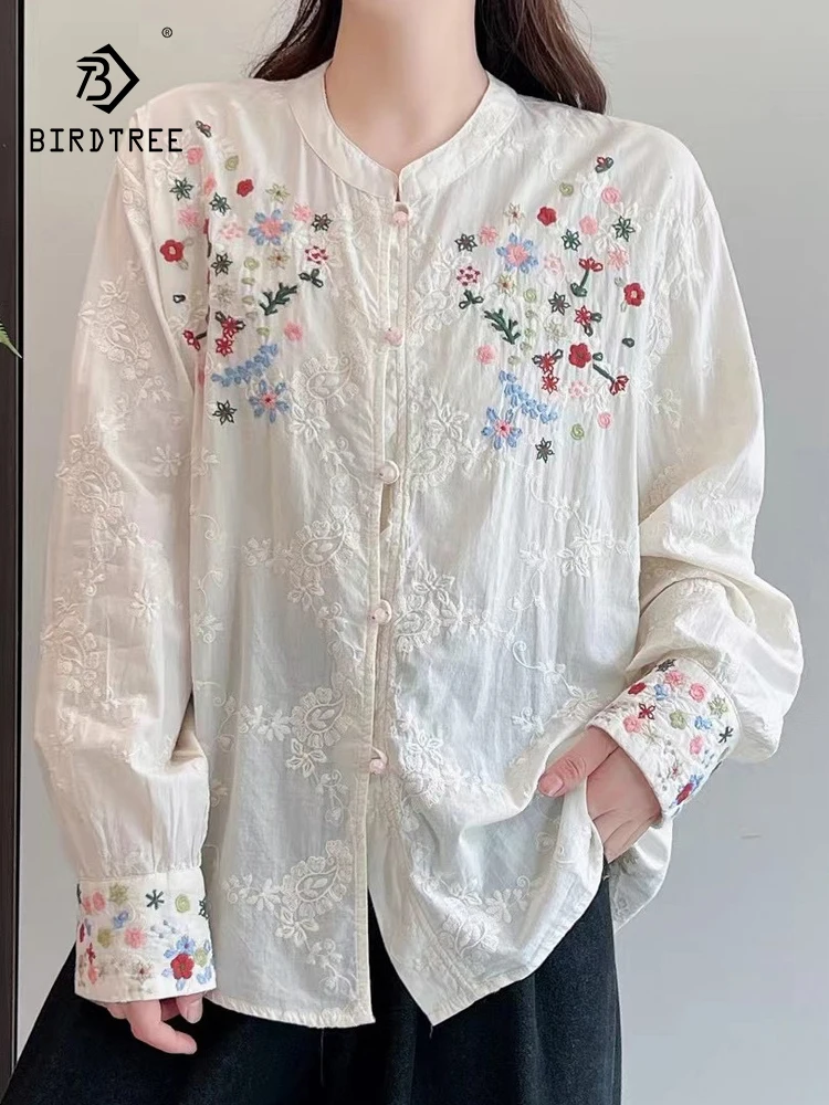 New Autumn Retro Cotton Shirt, Women Embroidery Long Sleeve O Neck, Mori Girl Loose Versatile Casual Blouse, Winter T40713CC