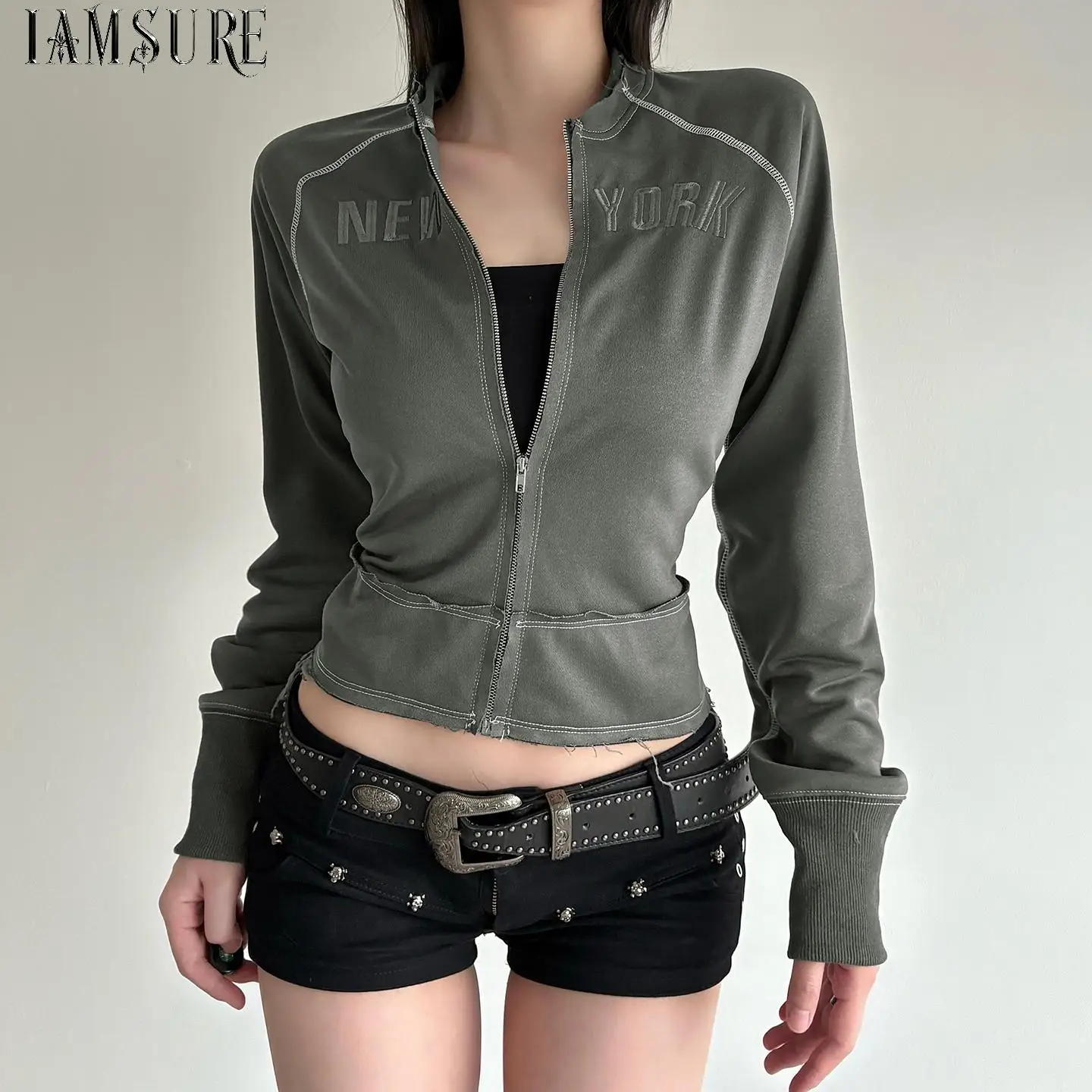 Women Letter Embroidery Zip Up Cropped Jacket Contrast Stitch Raw Hem Long Sleeve Slim Fit American Streetwear Thin Coats Autumn