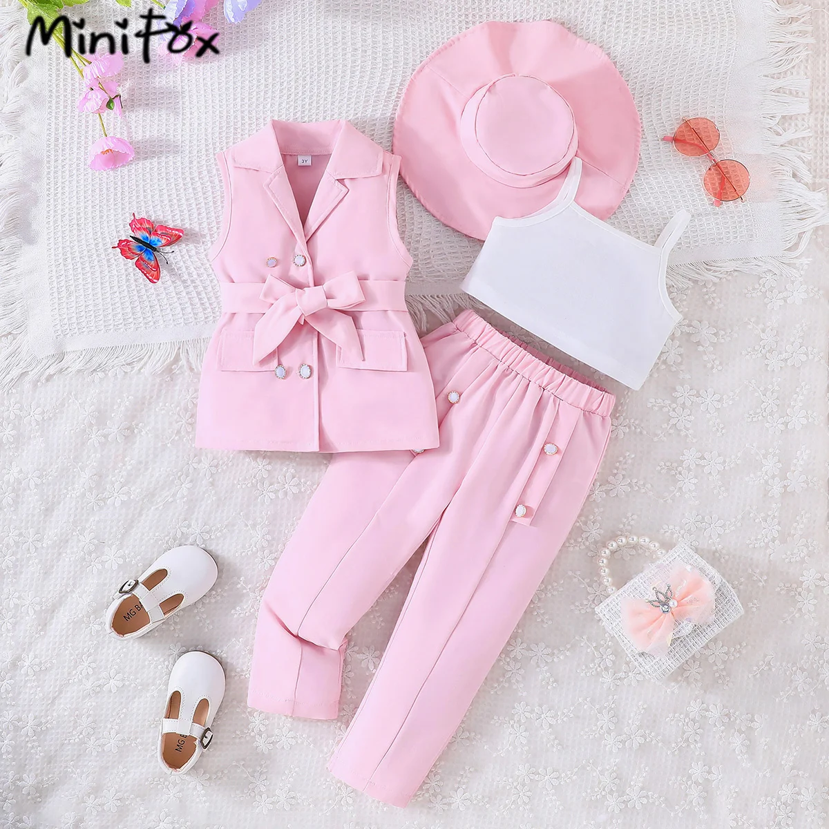 MiniFox 5PCS Kids Clothes Girls Blazer Outfit Sets Sleeveless Belt Blazer and Button Trousers+Vest+Hat Summer Suit Set For Girls