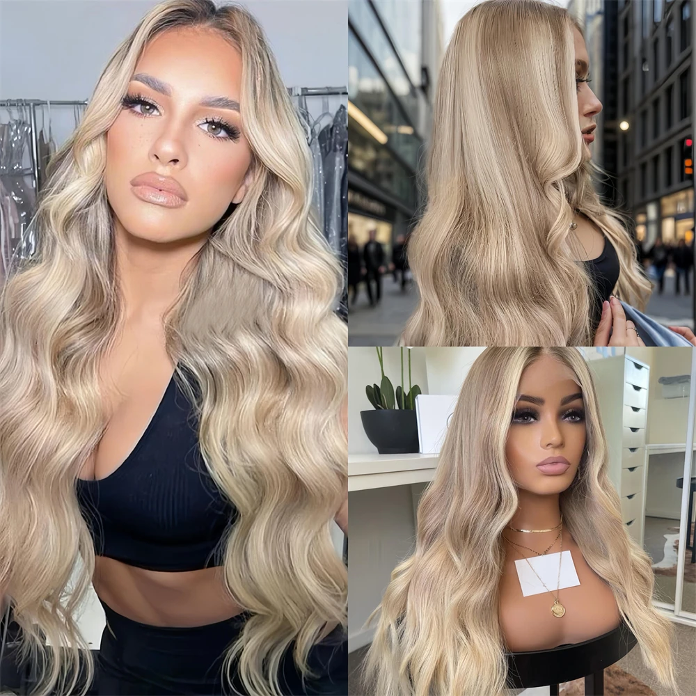 

Ombre Highlight Ash Blonde Human Hair Wig Body Wave 13x4 Transparent Lace Front Wigs Human Hair Pre Plucked With Baby Hair