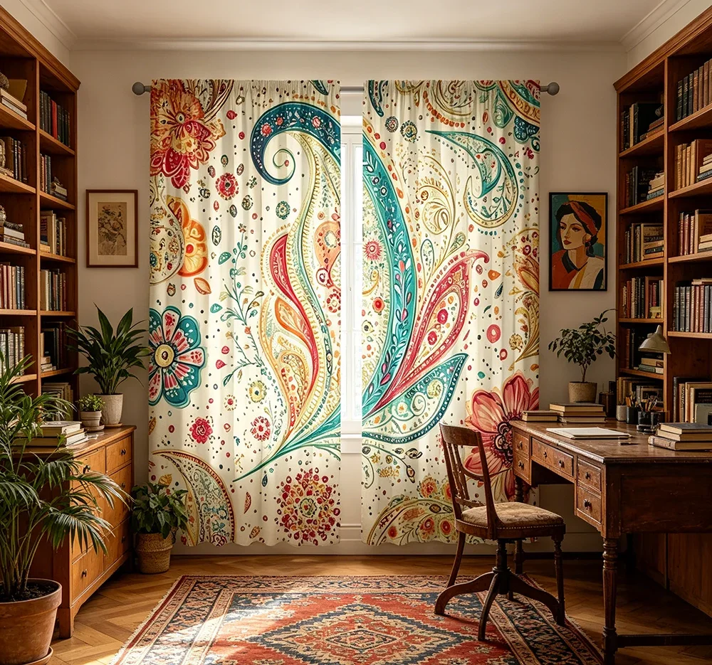 2PCS Digital Printed Curtains, Floral Leaf Paisley Ornate Classic Bohemian, Home Decor Style for Living Room Bedroom Decor