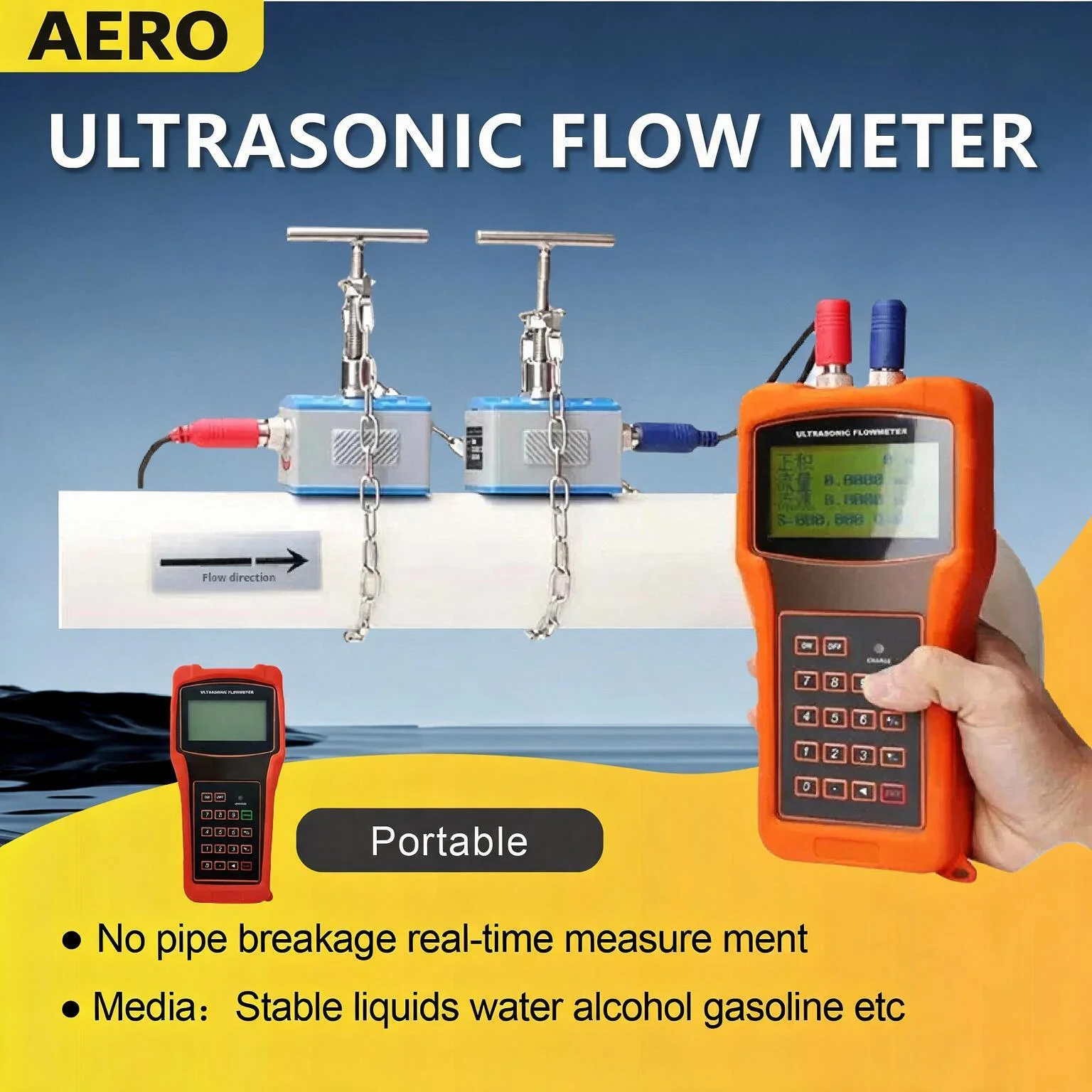 Handheld Ultrasonic Flow Meter Portable Clamp-On Flowmeter Non-Invasive No Pipe Cutting for Water Oil Chemical Liquids