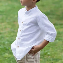 Boys White Linen Shirt 2026 Spring New Children's Stand-Up Collar Buttons Daily Casual Cotton And Linen Long-Sleeved Shirts