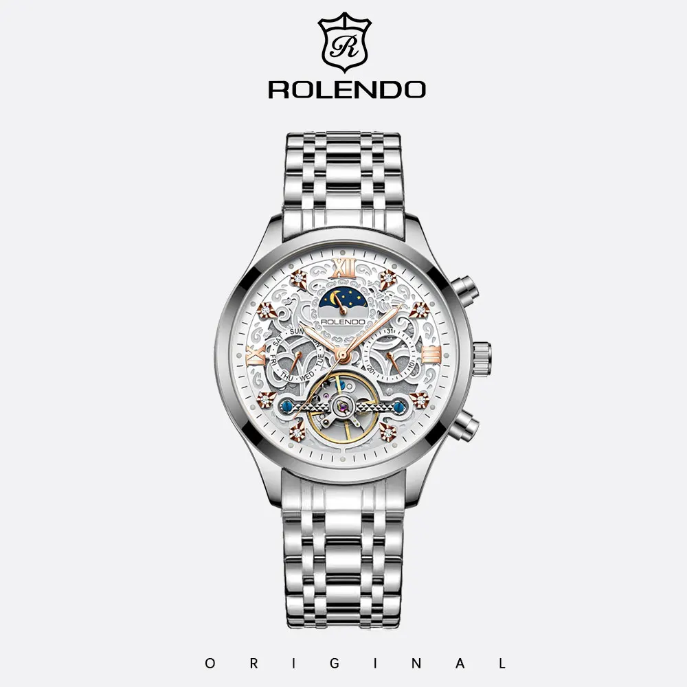 ROLENDO Luxury Men Auto Mechanical Watch Skeleton Tourbillon Moon Phase Week Cal Luminous Waterproof Steel Band Business Watches